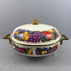 Vtg Enamel Casserole Dish Dutch Oven Fruit Pattern Brass Handles Cottagecore 10"